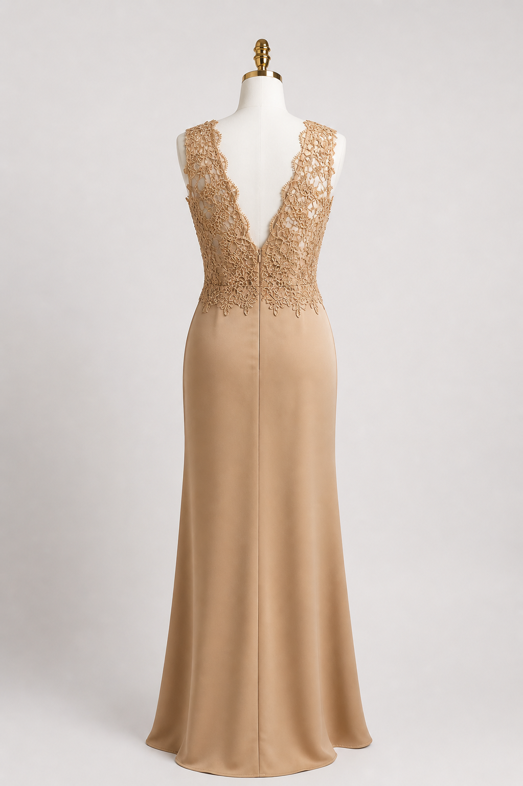 Elegant Beige Lace Gown with Deep V-Neckline