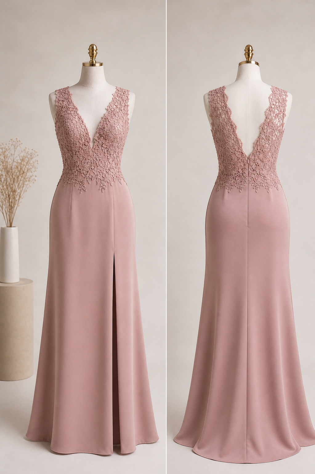 Elegant Dusty Rose Lace Gown with Deep V-Neckline