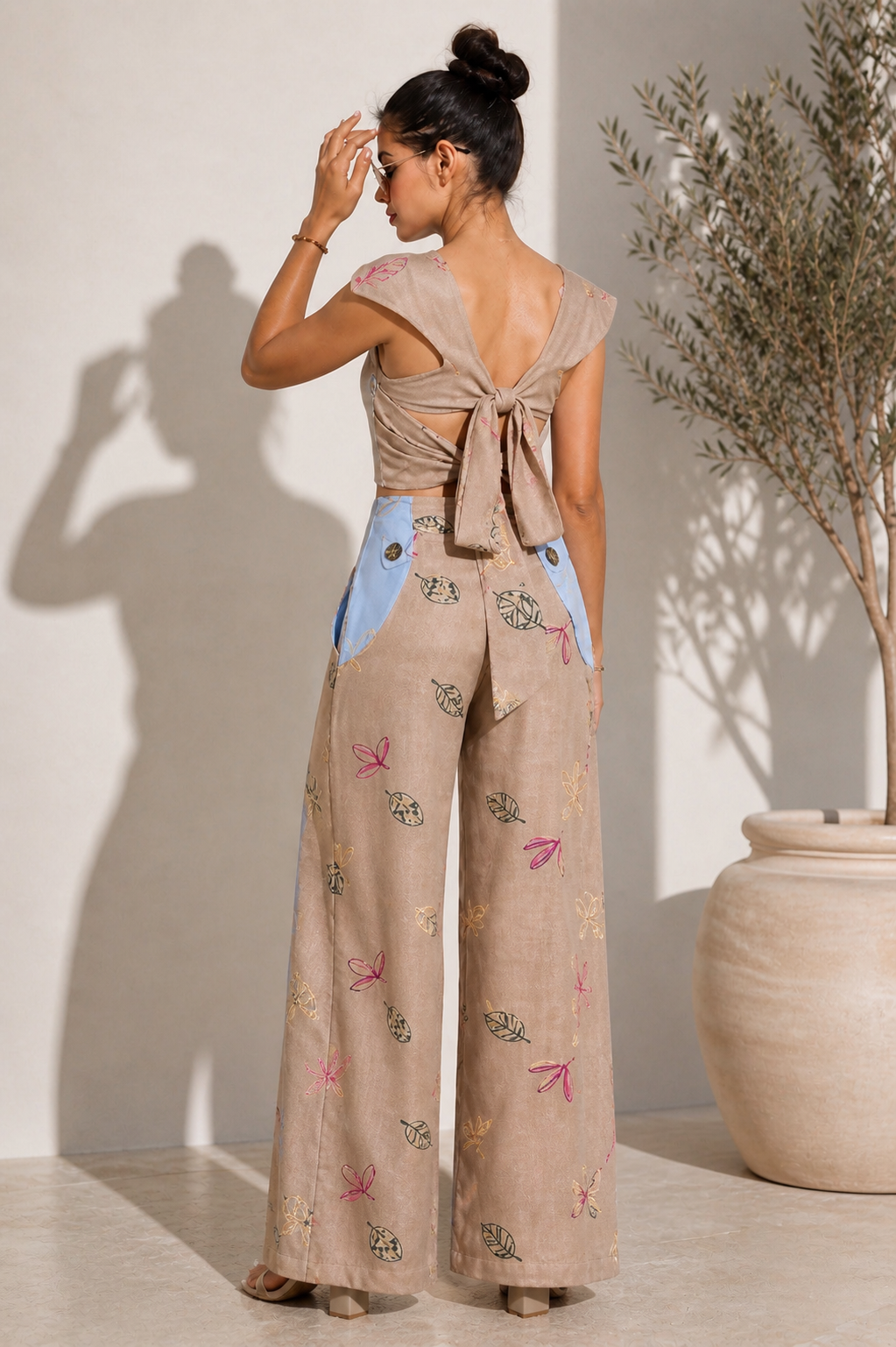 Beige Printed Set with Wide-Leg Pants and Open Tie-Back Top