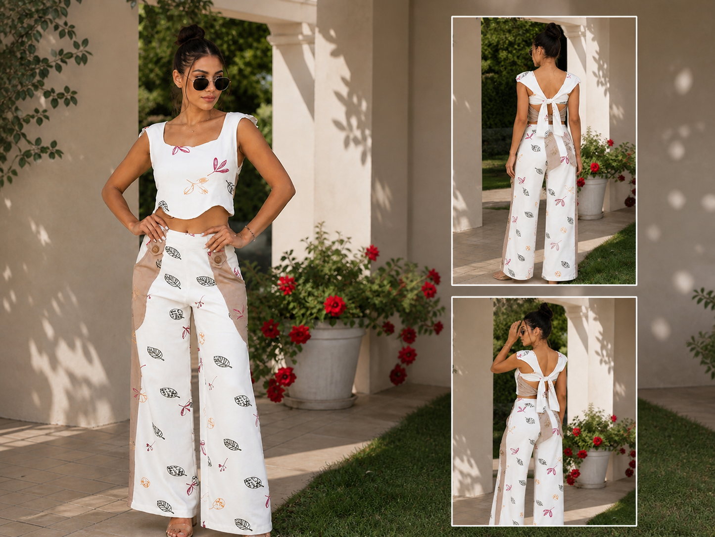 White Printed Set with Wide-Leg Pants and Open Tie-Back Top