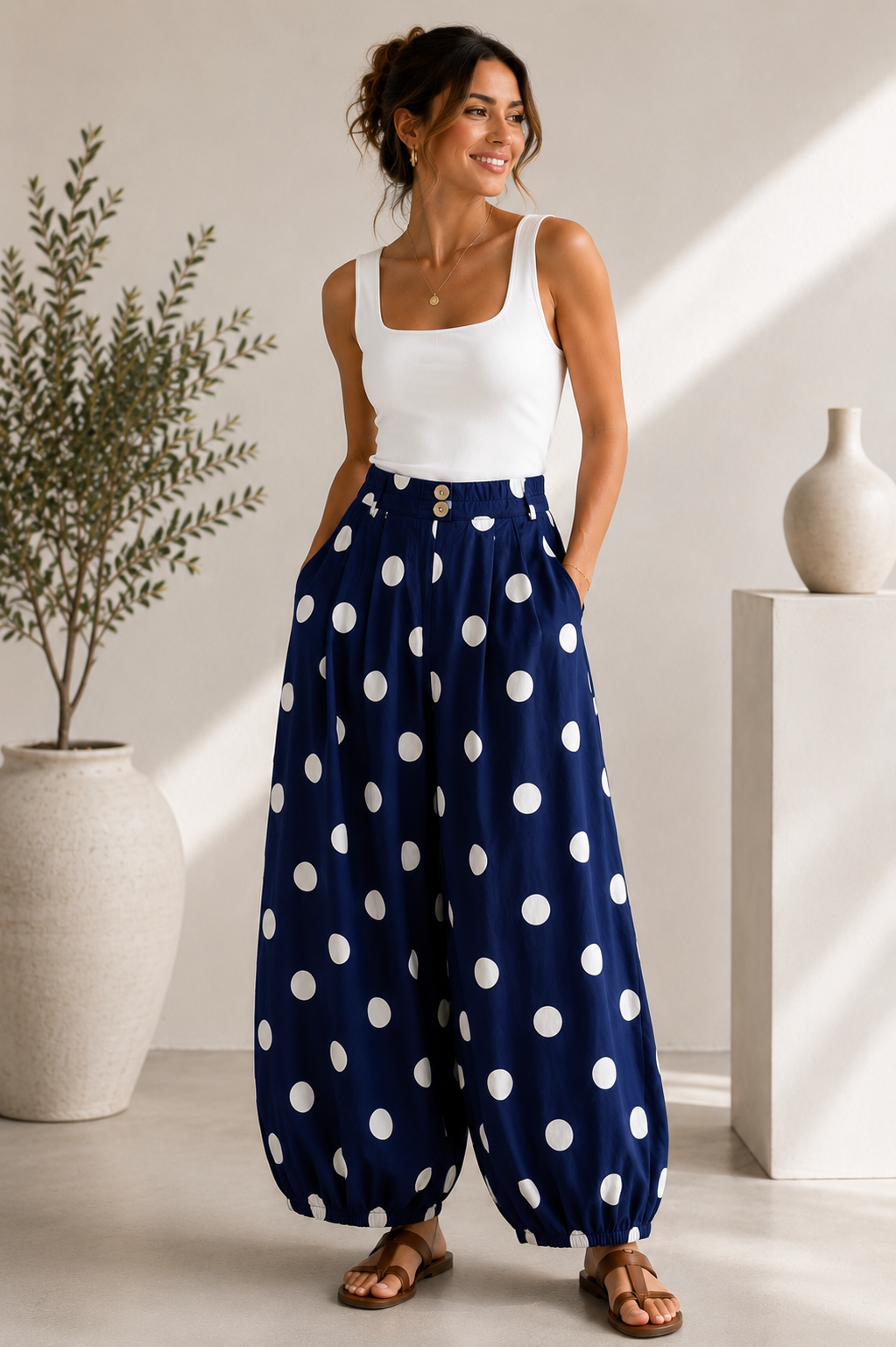 Navy Polka Dot Barrel Pant