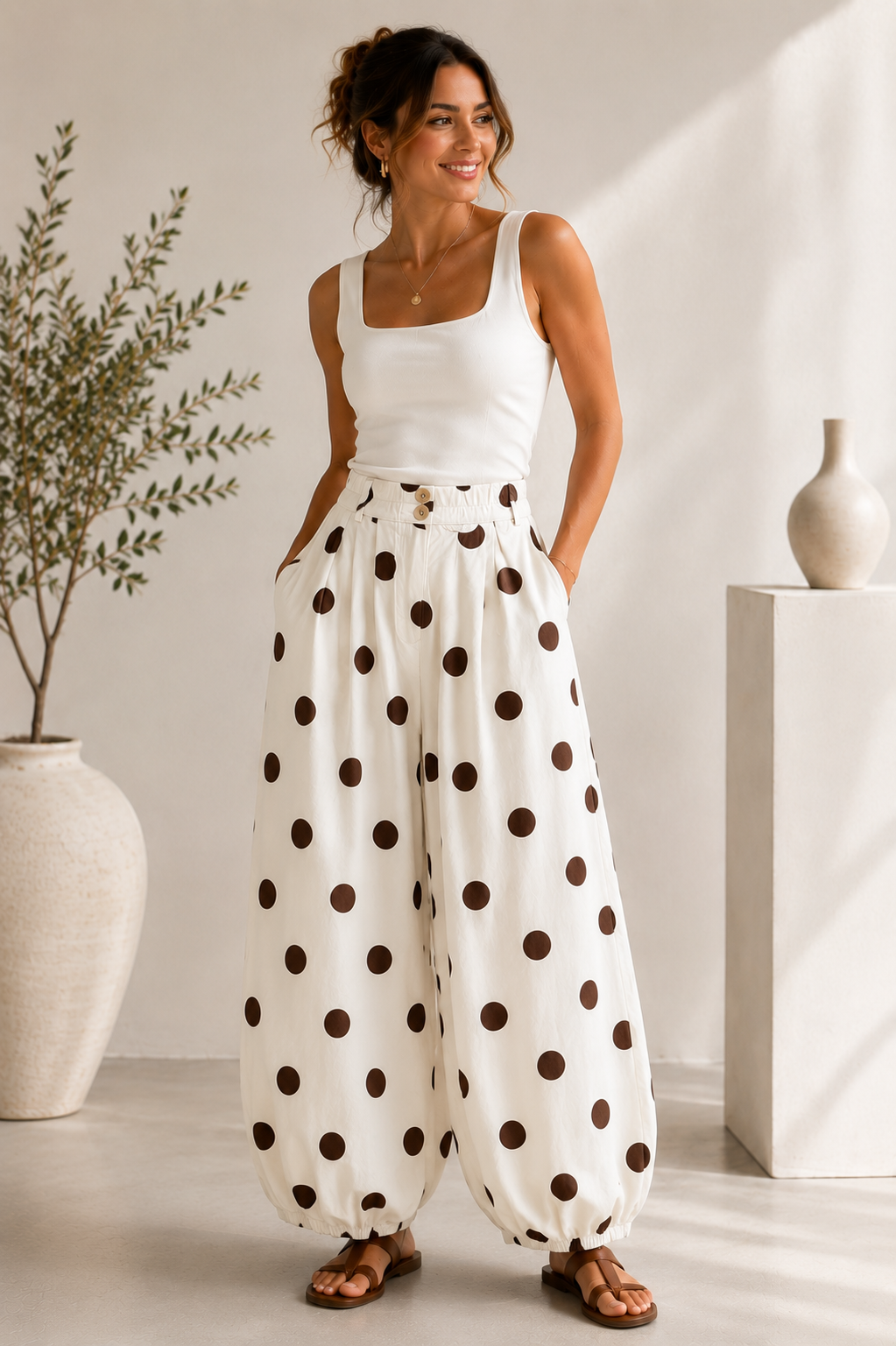 Ivory Polka Dot Barrel Pant