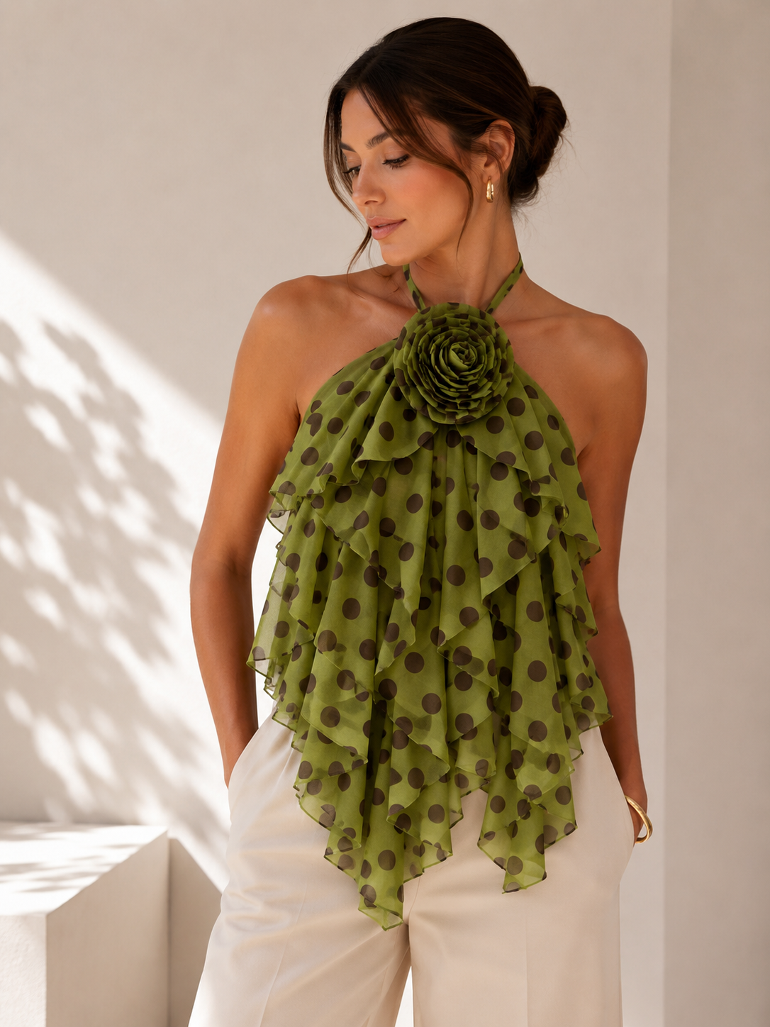 Green Floral Halter Ruffle Top