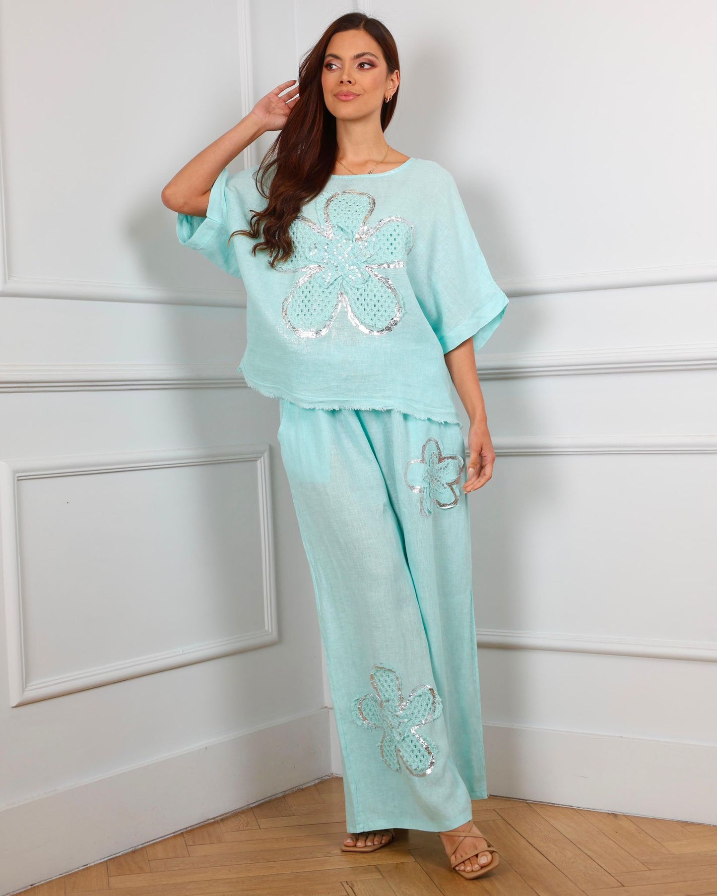 Aqua Blossom Italian Linen Set