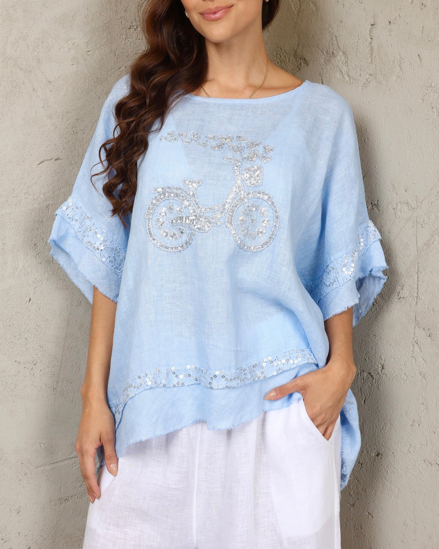 Sky Italian Linen Sequin Bicycle Top