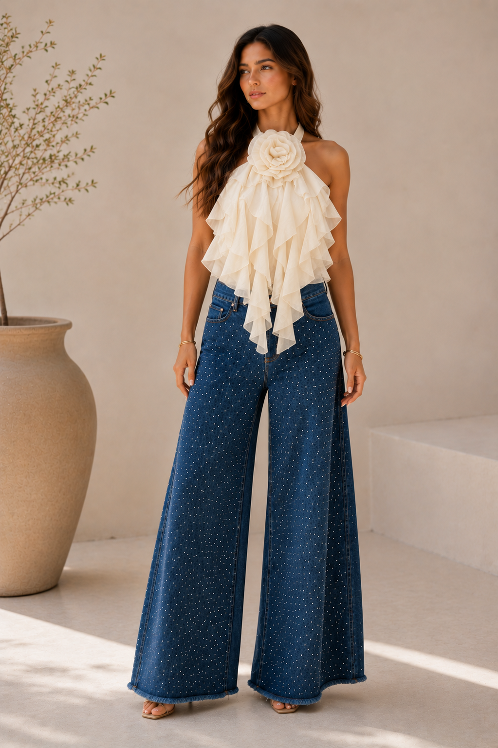 Beige Bloom Ruffle Top