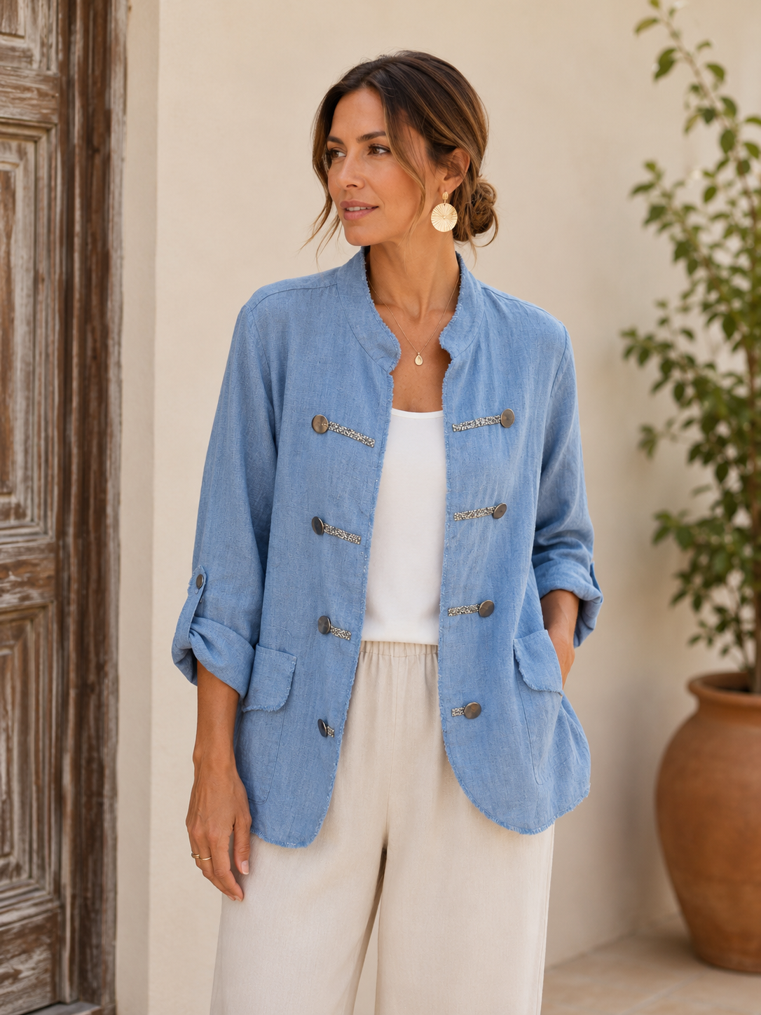 Italian Linen Jacket with Crystal Trim Blue