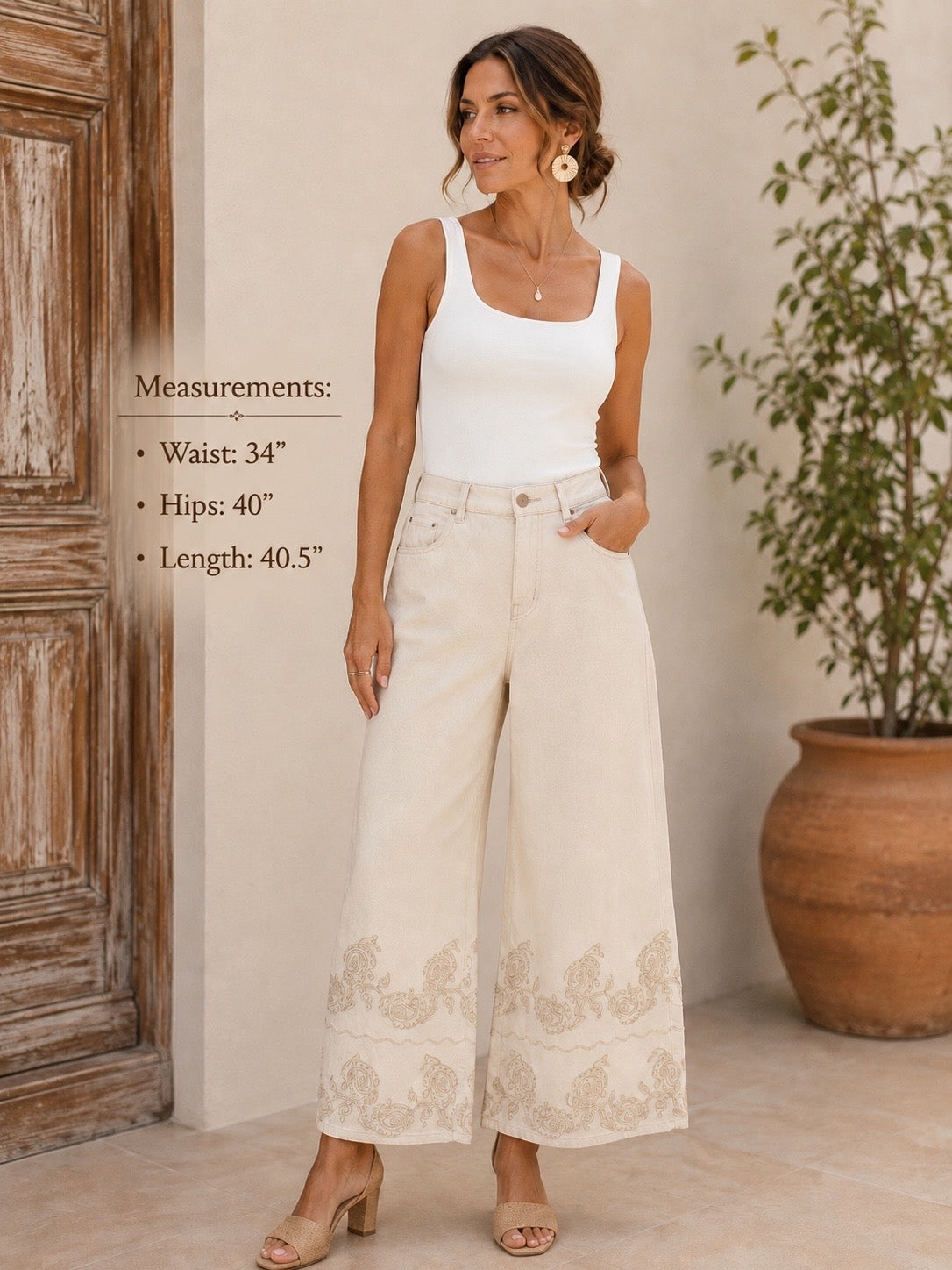 Italian Embroidered Wide-Leg Pants