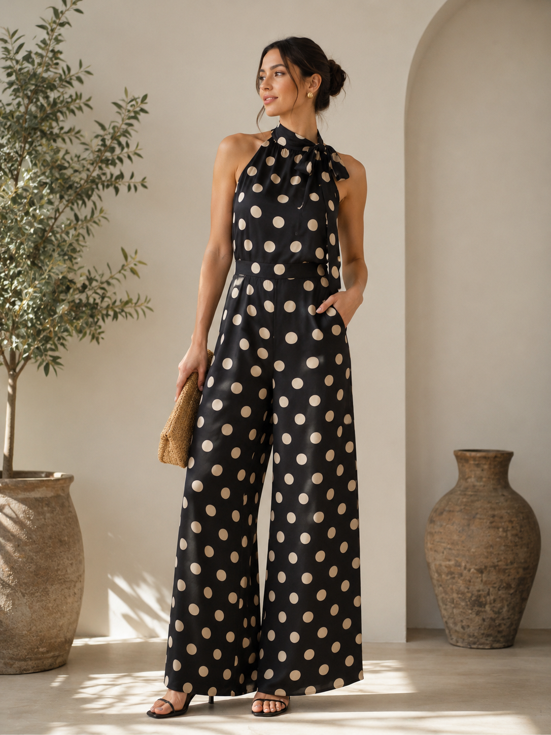 Polka Dot Halter Wide-Leg Jumpsuit black