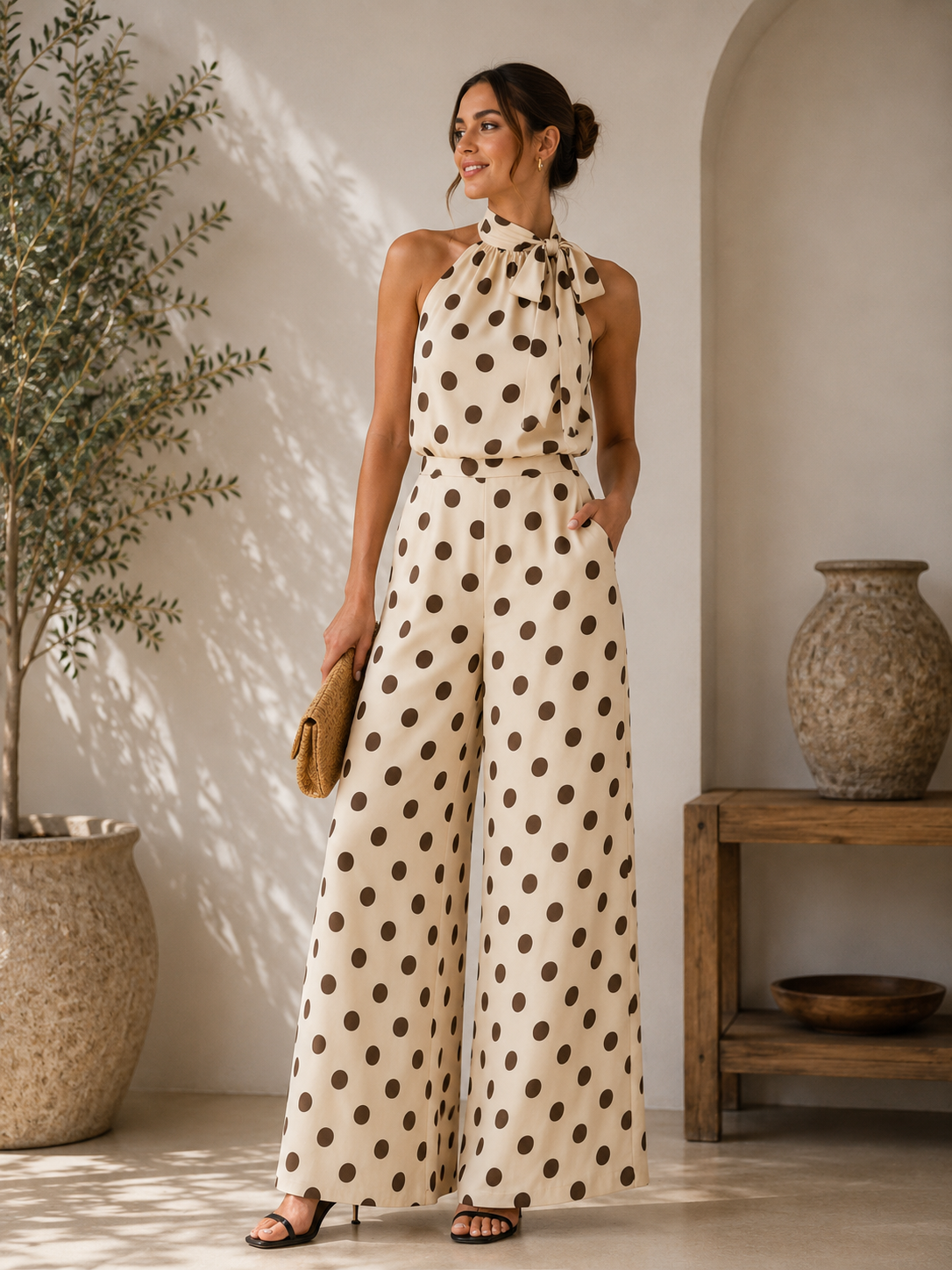 Polka Dot Halter Wide-Leg Jumpsuit Beige