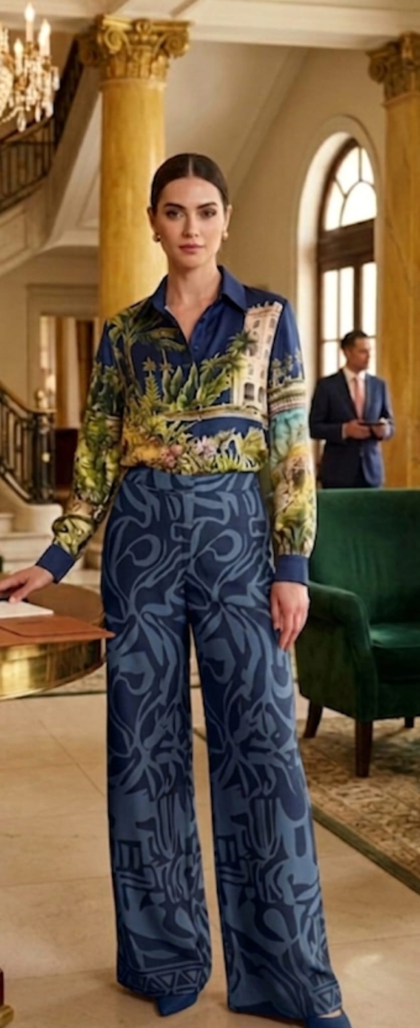 Botanical Resort Satin Set Navy