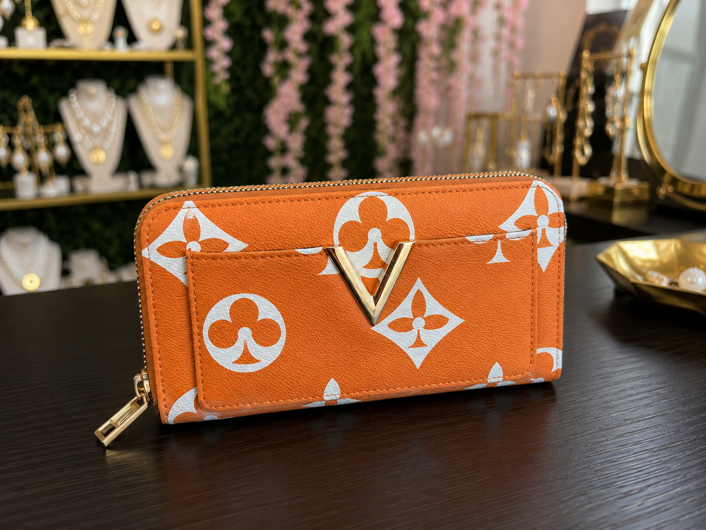 Orange Monogram V Zip Wallet