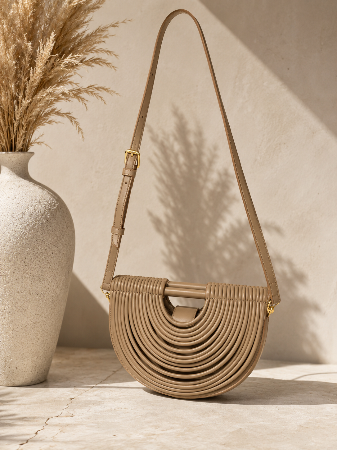 Sculptural Crescent Crossbody Bag Beige