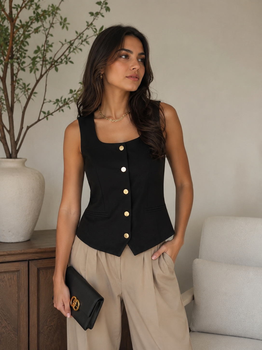 Vest With Gold Button Black Ovi