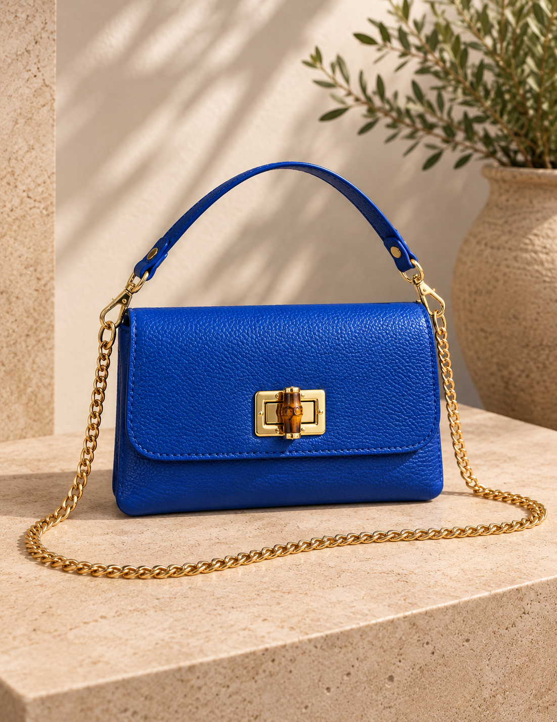 Blue Bamboo Clasp Leather Mini Handbag