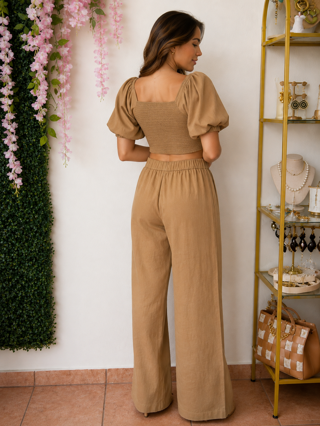 Rosette Linen Wide-Leg Set-Beige