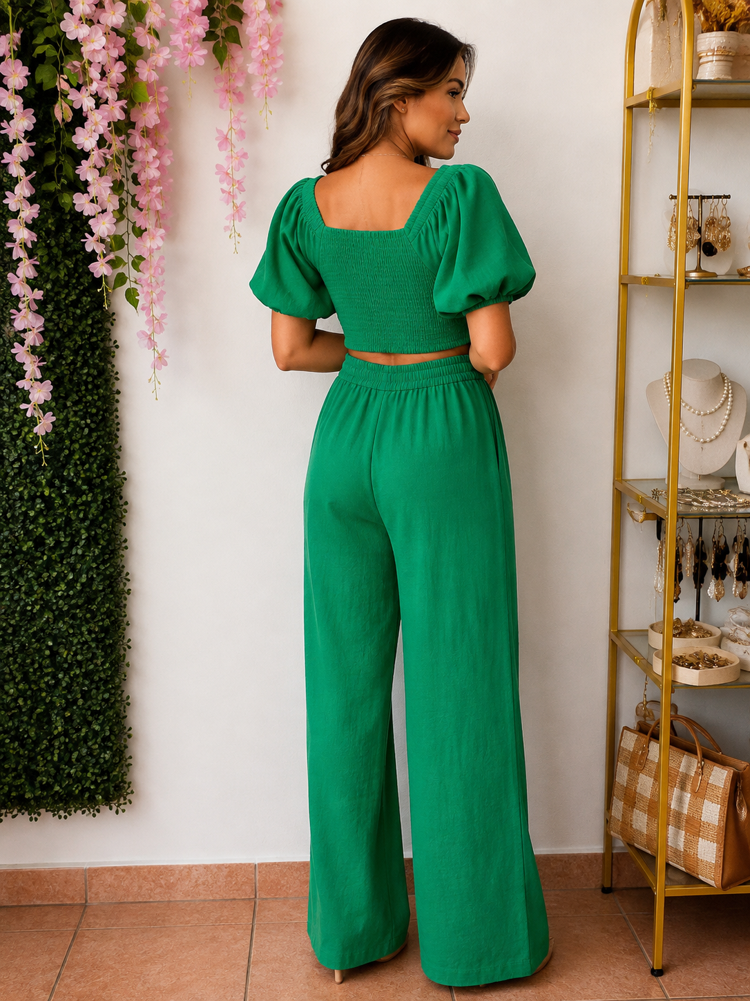 Rosette Linen Wide-Leg Set- Green