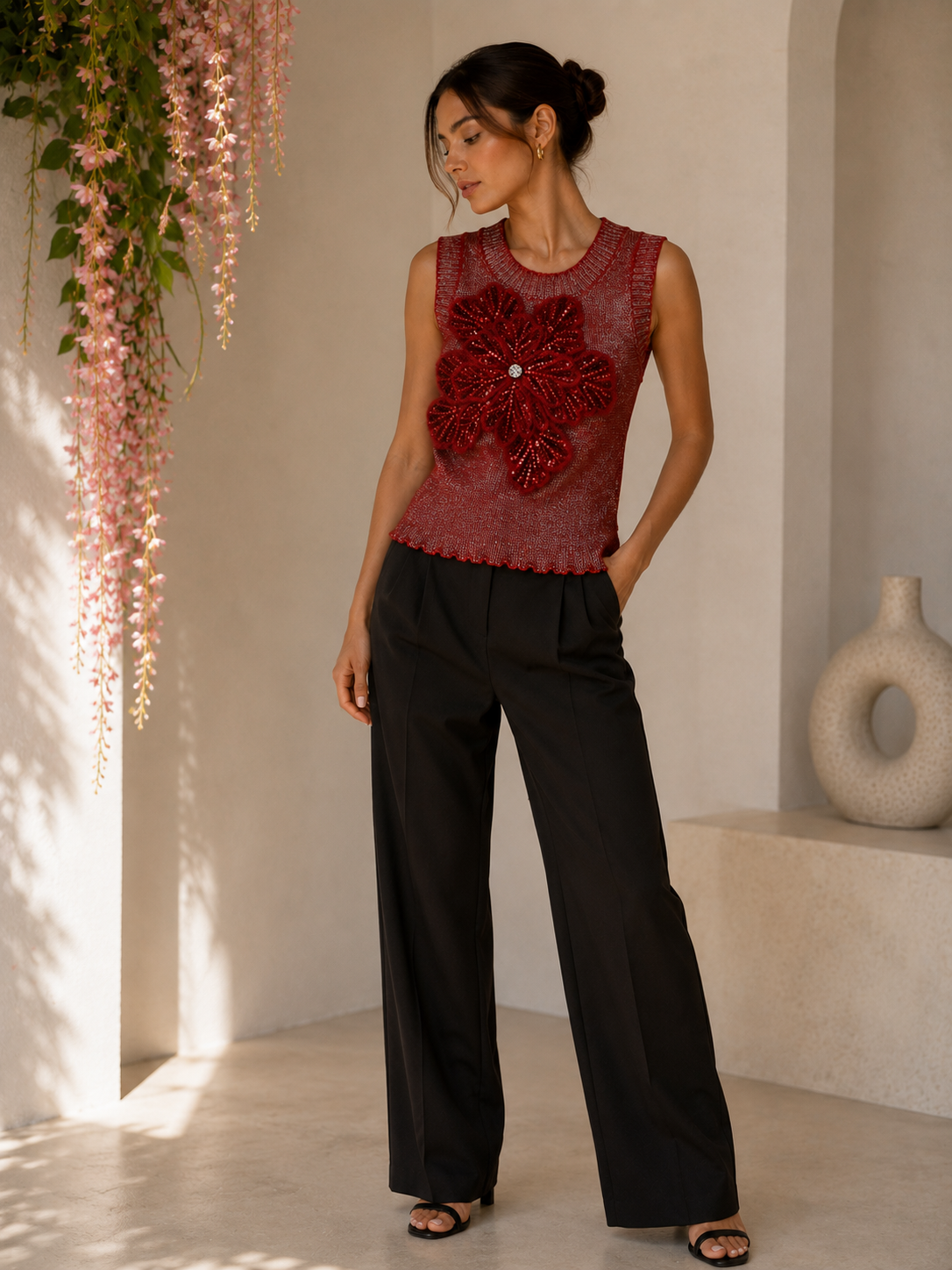 Beaded Flower Top Red