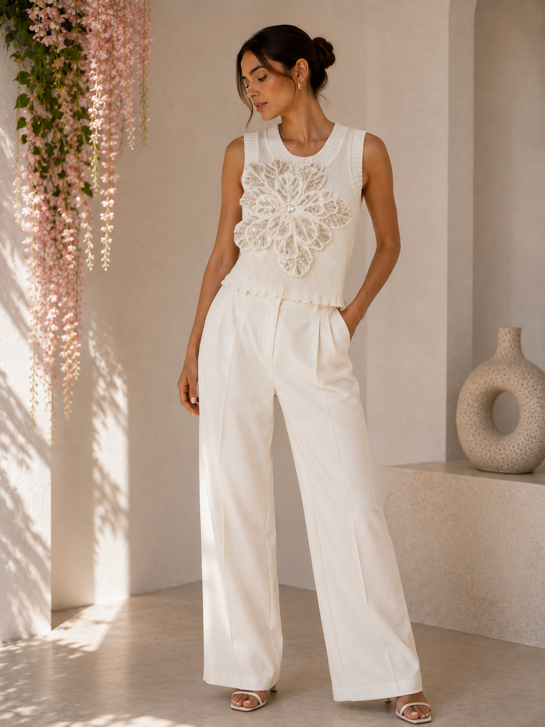 Beaded Flower Tank Top White
