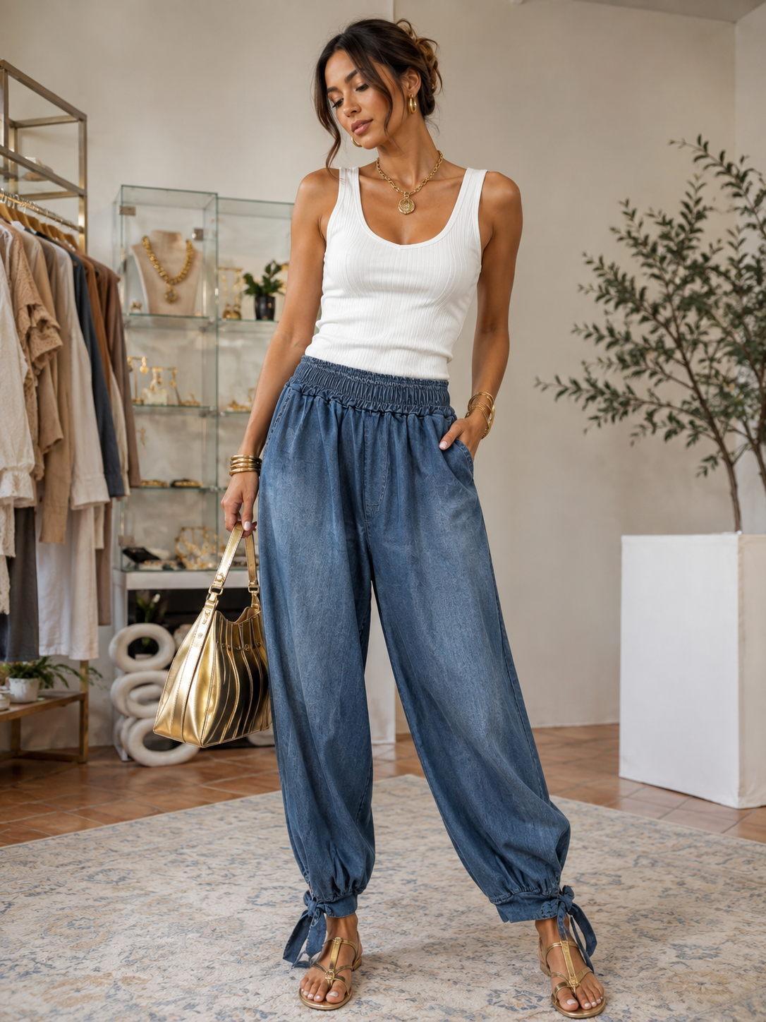 Milano Tie-Hem Denim Pants