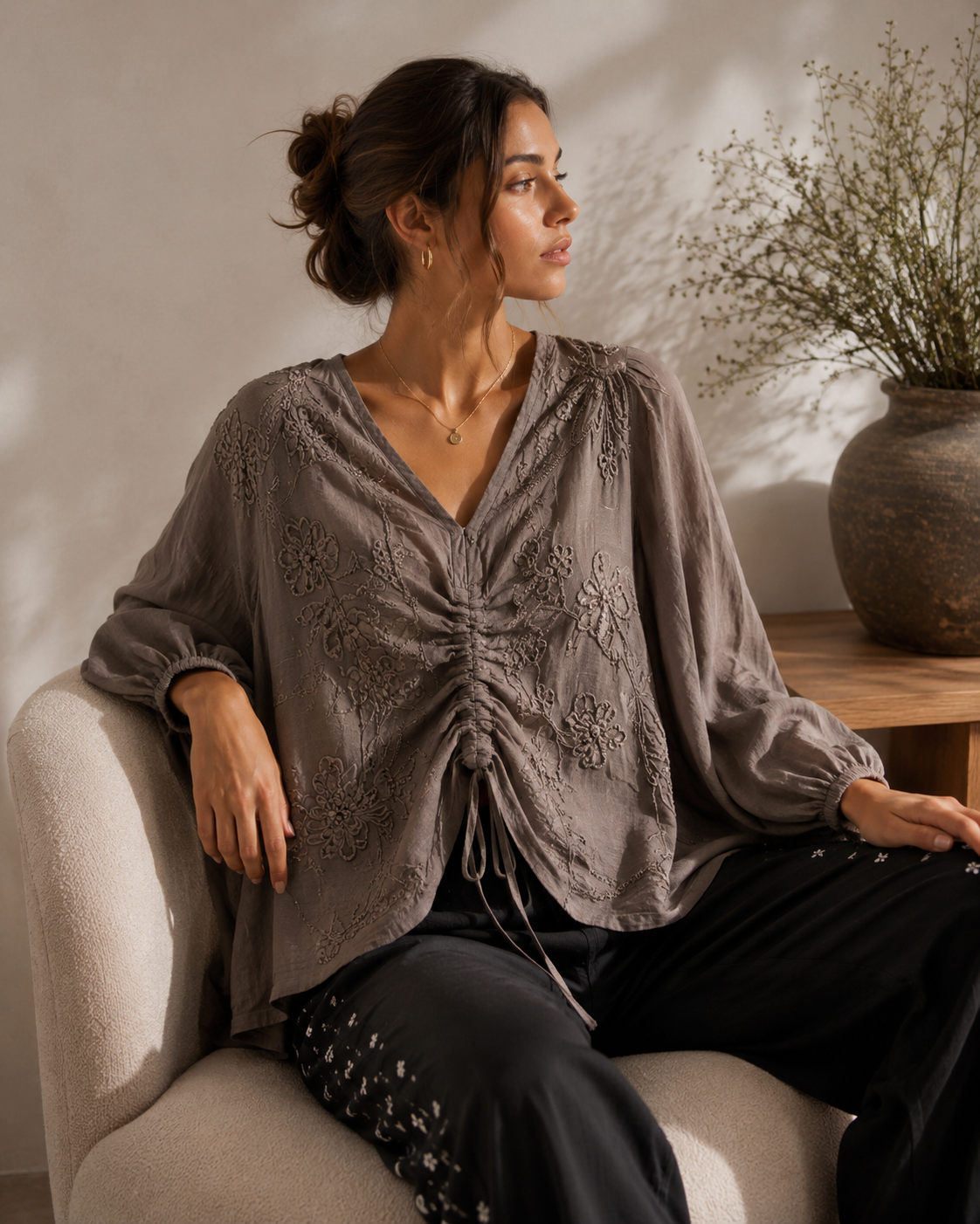 Brown Italian Embroidered Drawstring Blouse