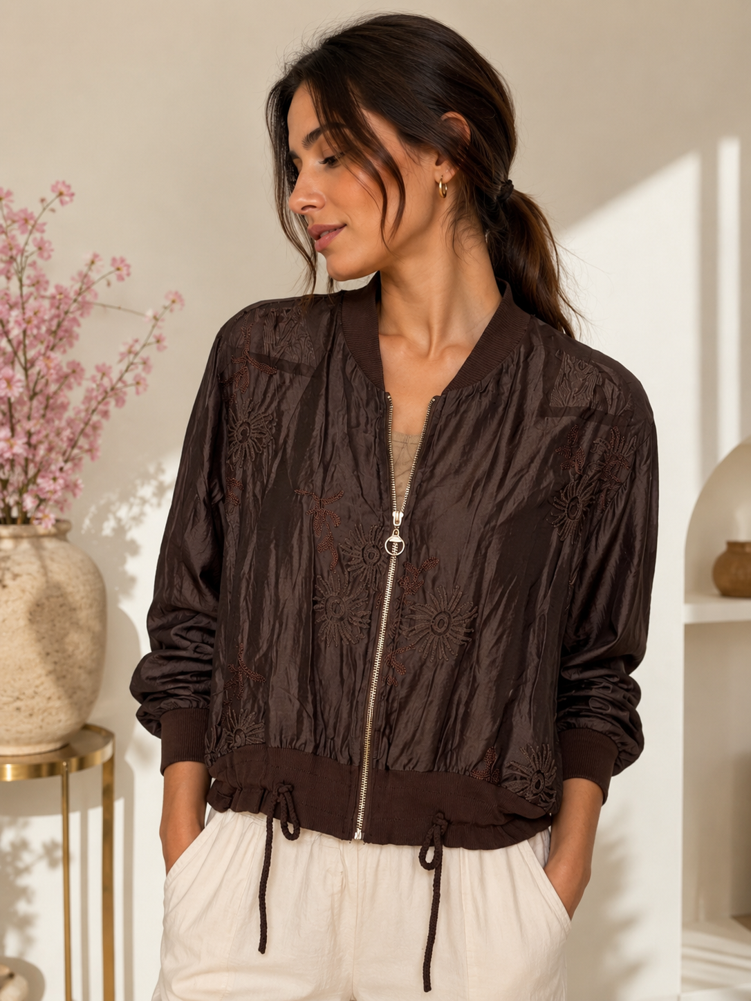 Brown Embroidered Satin Bomber Jacket