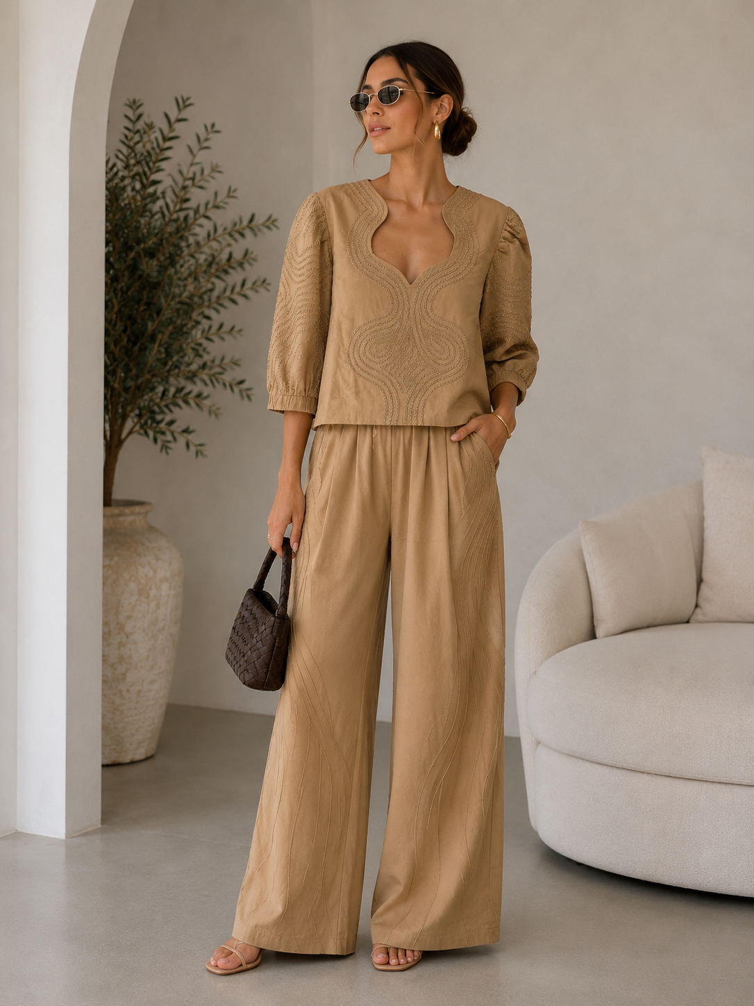 Camel Embroidered Elegance Two-Piece Set