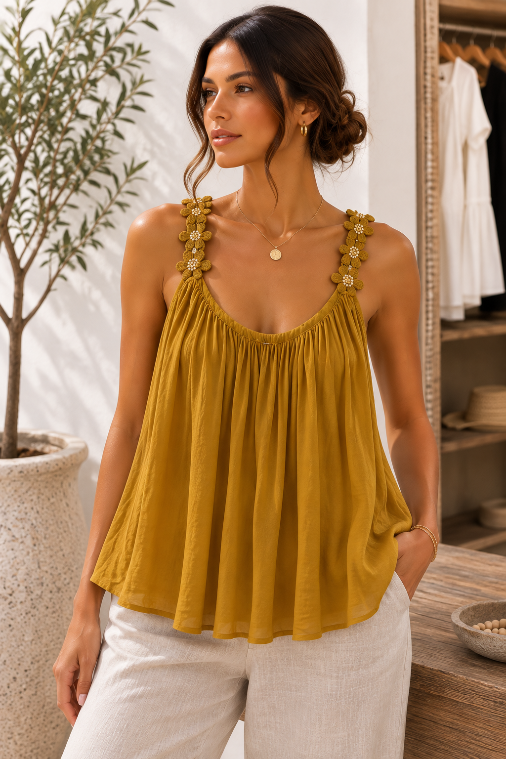 Italian Golden Bloom Flowy Top Mustard