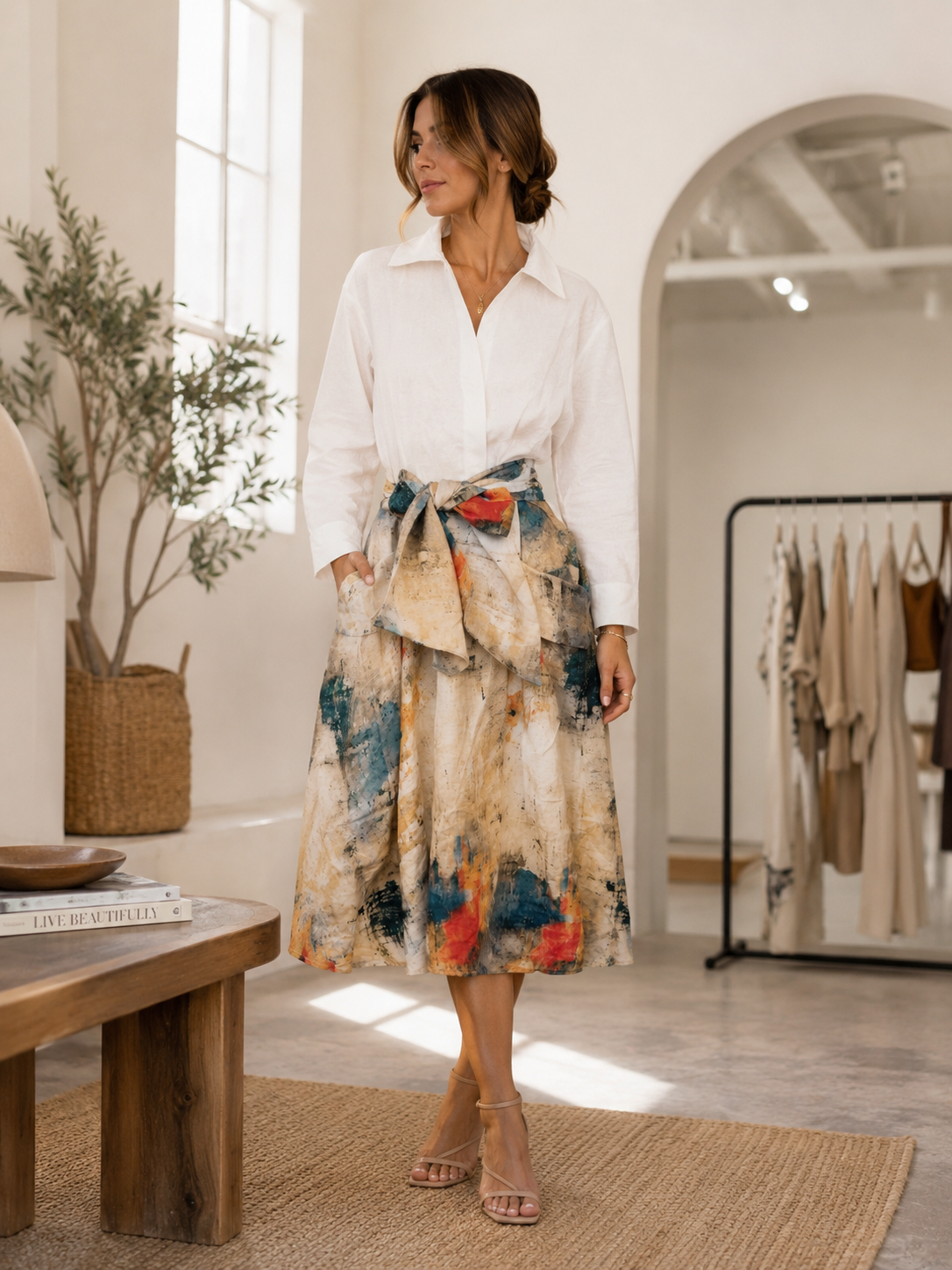 Italian linen Artistic Print Tie-Waist Dress