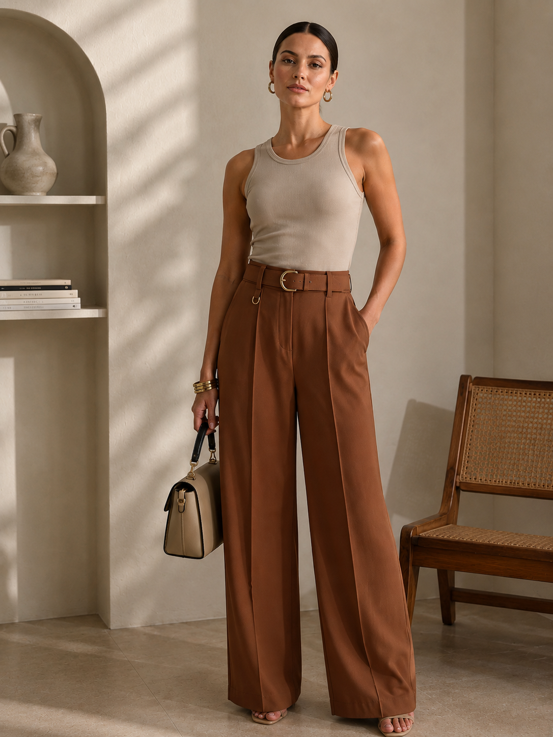 Sophia High-Waisted Belted Wide-Leg Pants Camel
