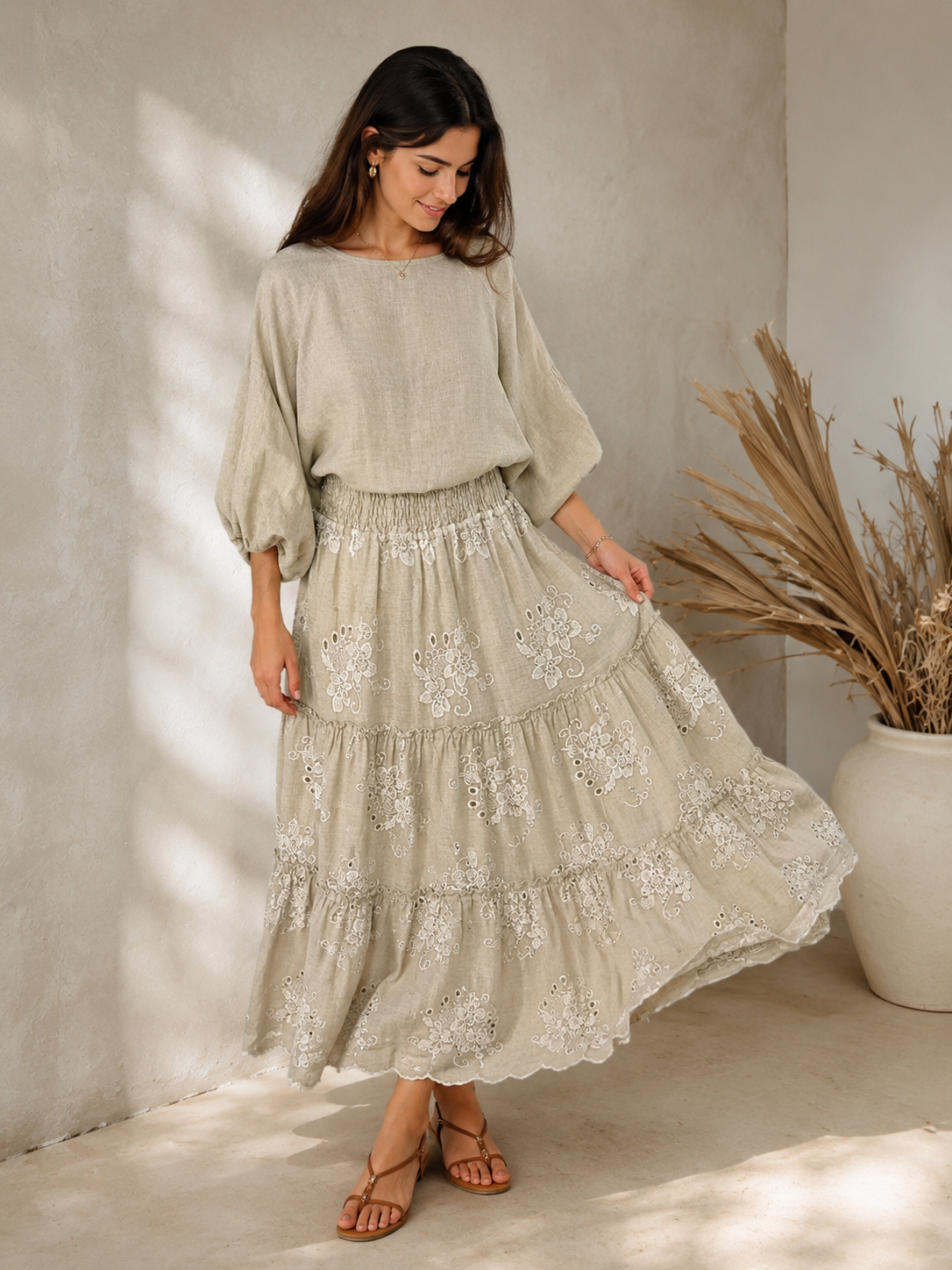 Boho Elegance Embroidered Linen Set Beige