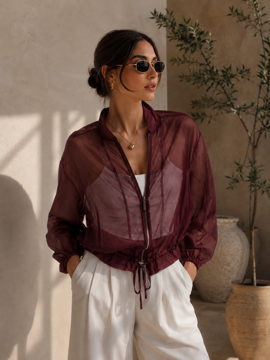 Sheer Luxe Drawstring Jacket Wine