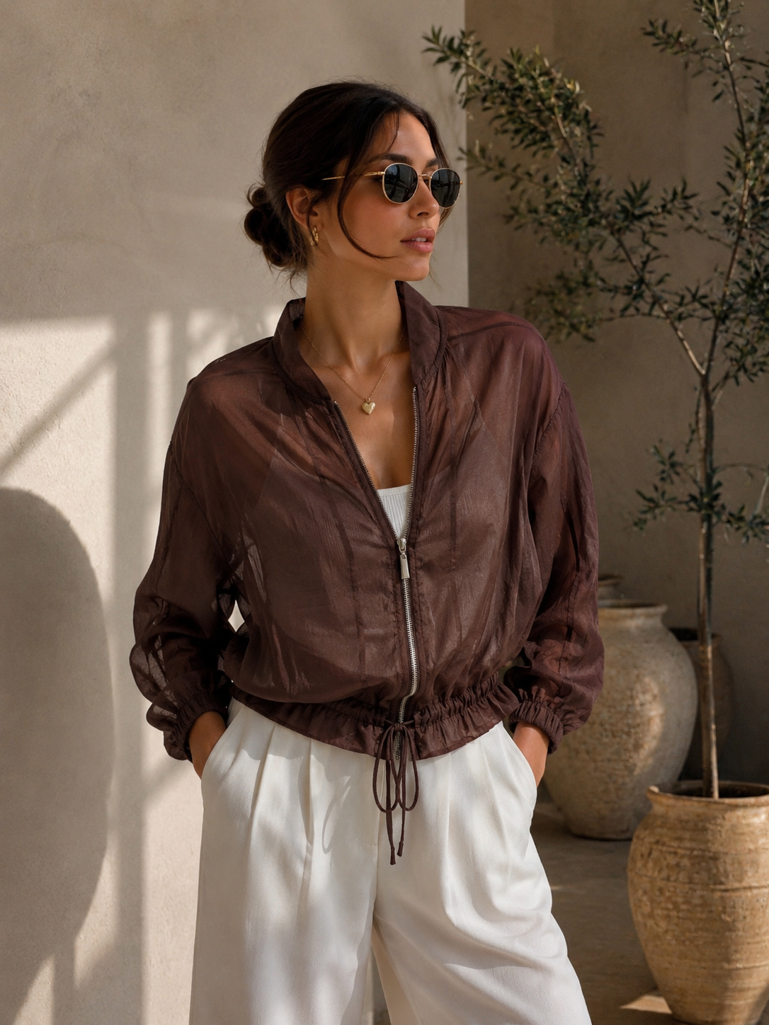 Sheer Luxe Drawstring Jacket Brown