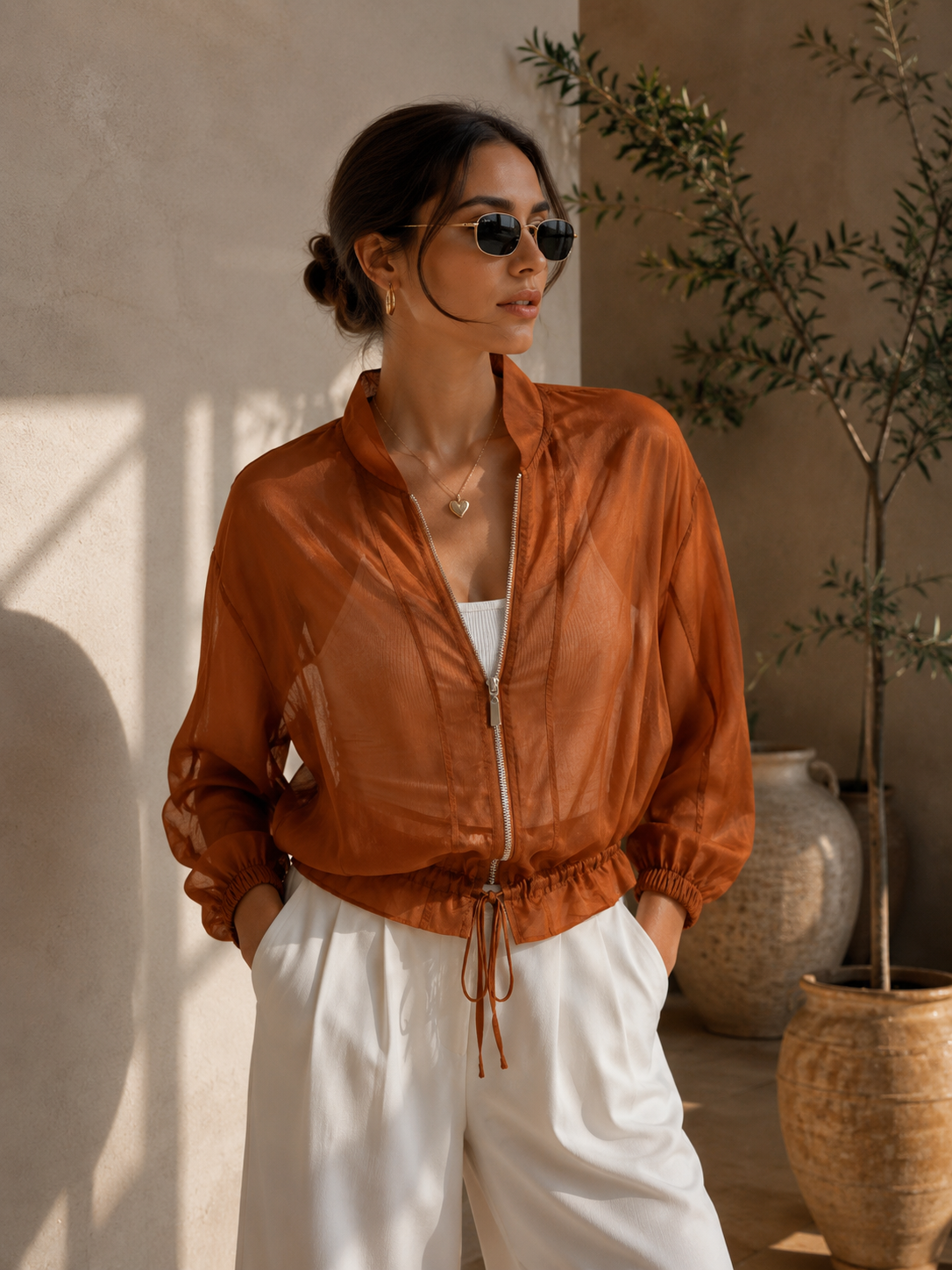 Sheer Luxe Drawstring Jacket Rust