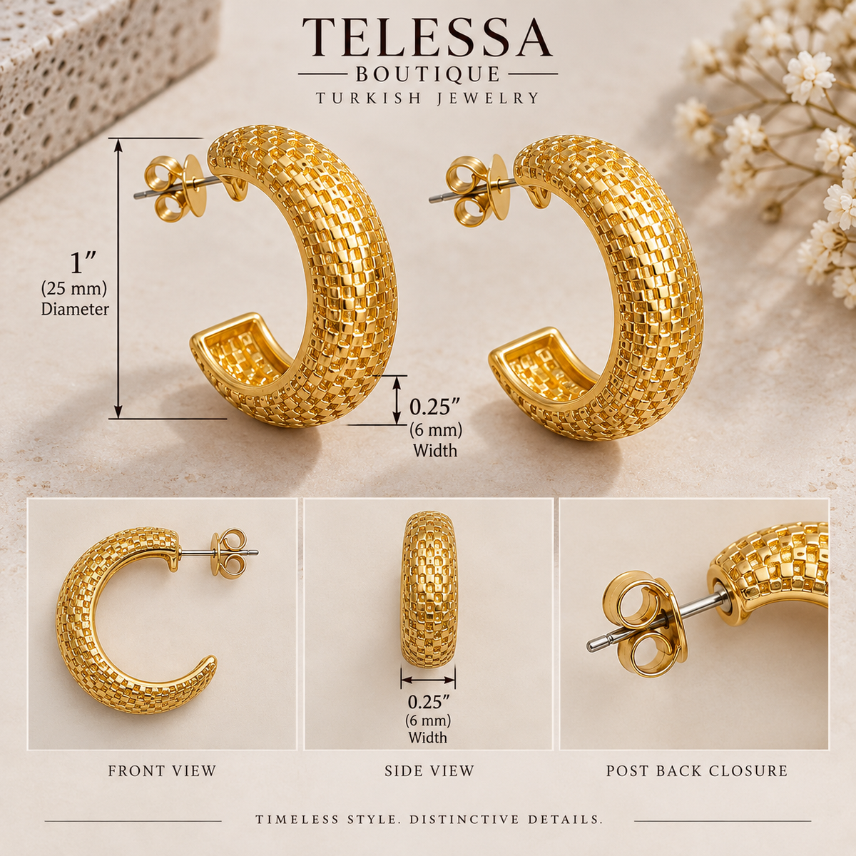 Textured Golden C-Hoop Earrings – Turkish Jewelry