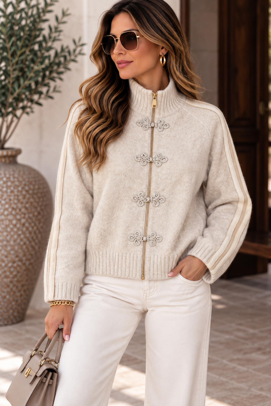 Ivory Italian Heritage Frog-Clasp Knit Jacket