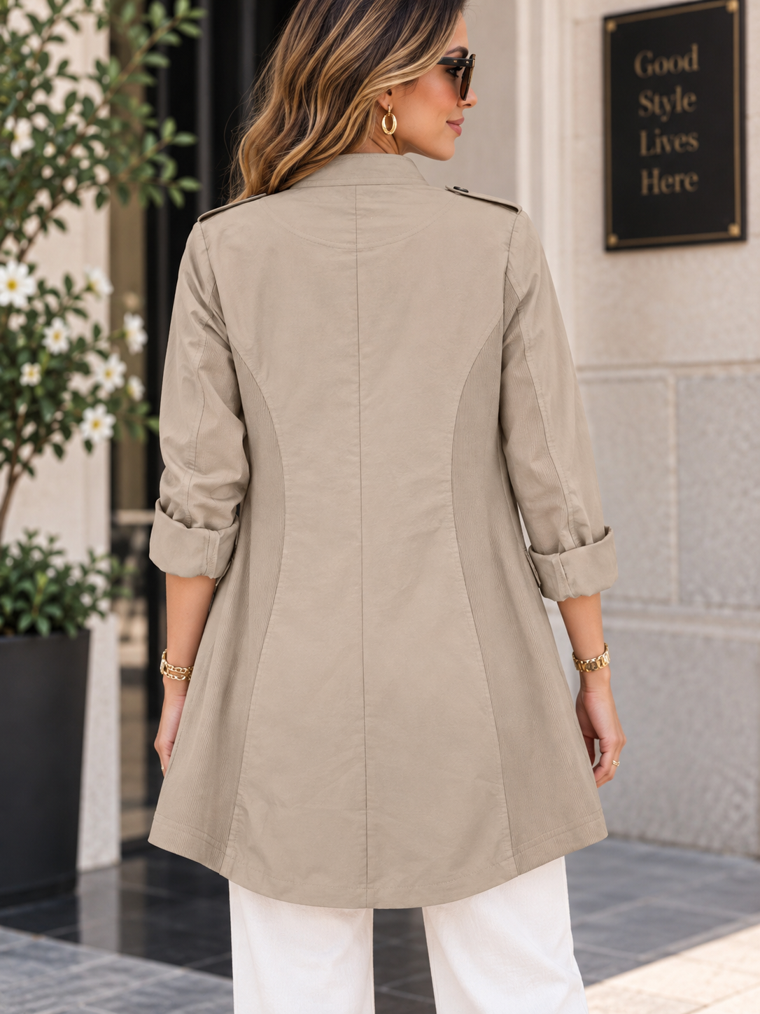 Italian Military-Inspired Long Jacket Beige