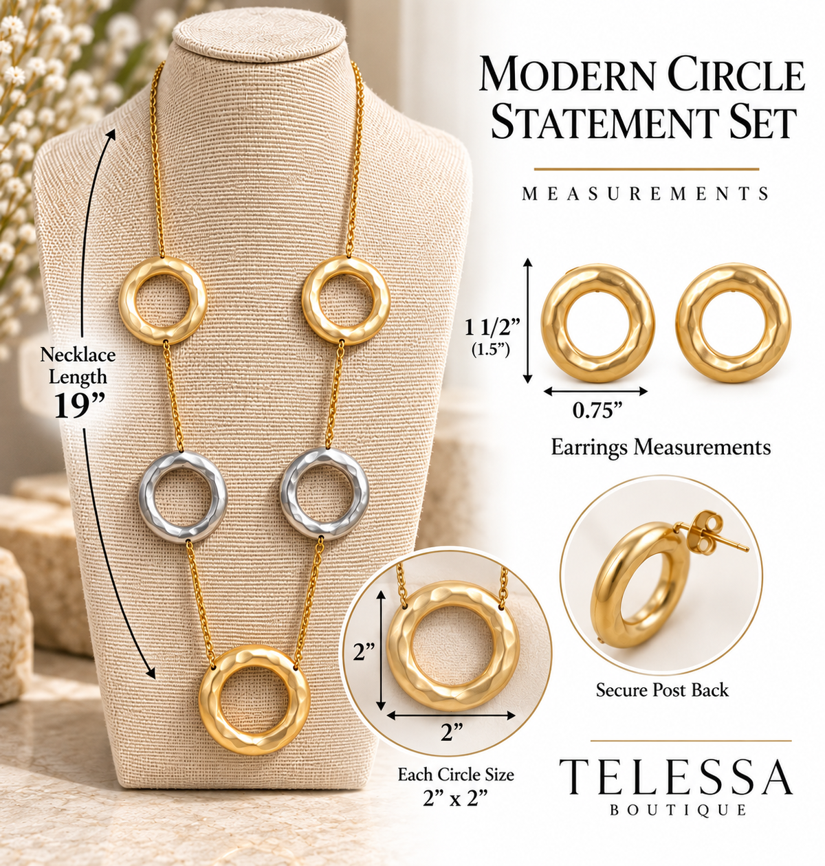 Two-Tone Sculpted Circle Statement Necklace & Earrings Turkish Set