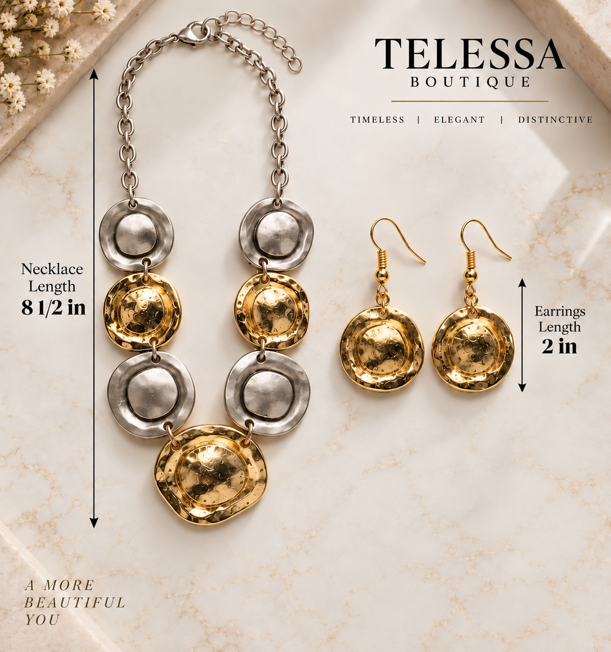 Two-Tone Hammered Disc Statement Necklace & Earrings Turkish Set