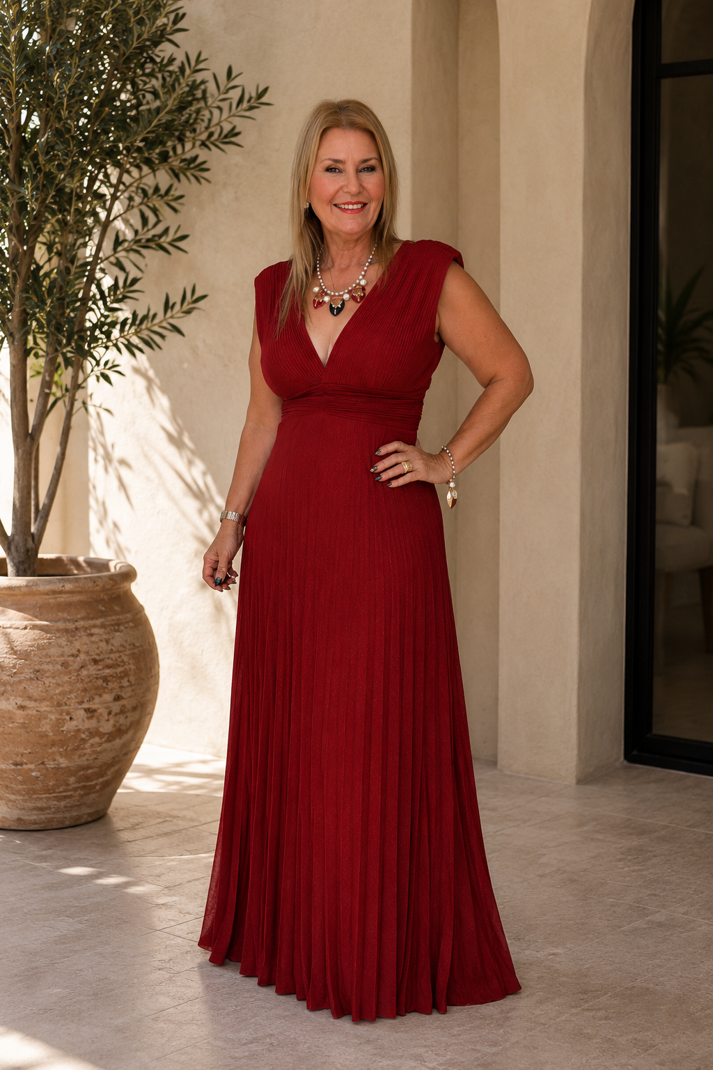Italian Sleeveless V-neck pleated Maxi Dress Red
