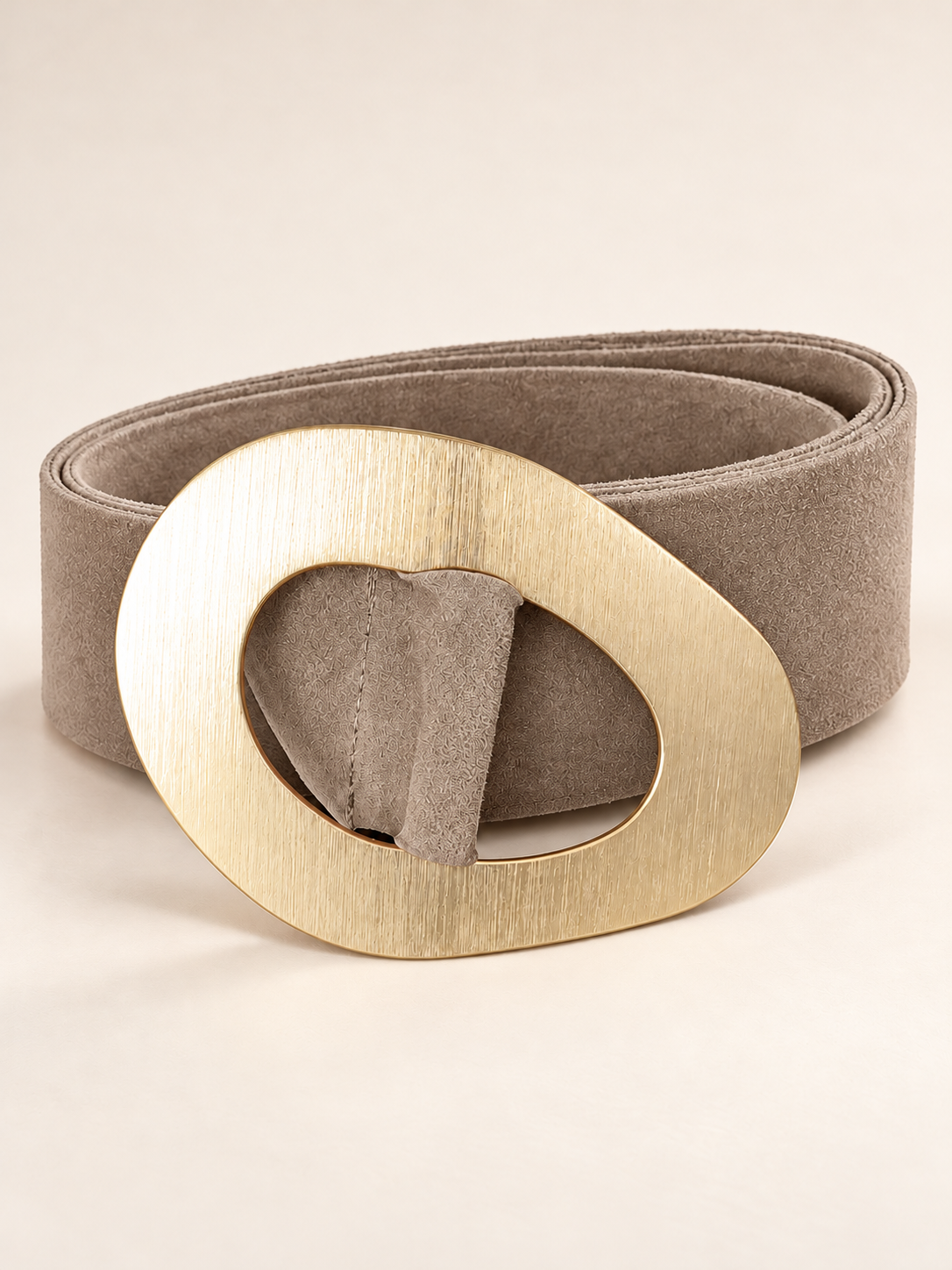 Taupe Suede Geometric Gold Buckle Belt