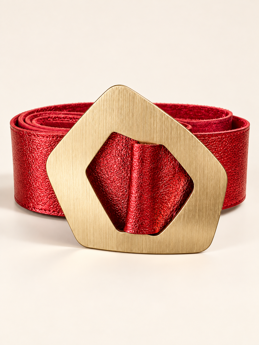 Metallic Red Belt with Brushed Statement Buckle