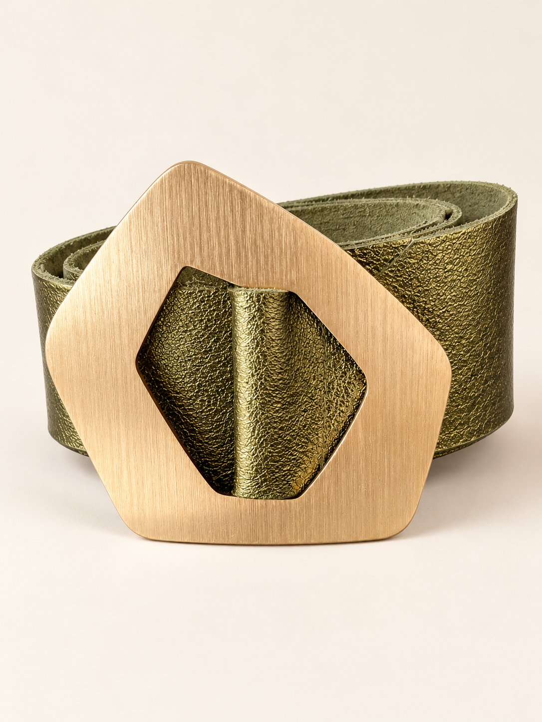 Metallic Olive Green Belt with Brushed Statement Buckle