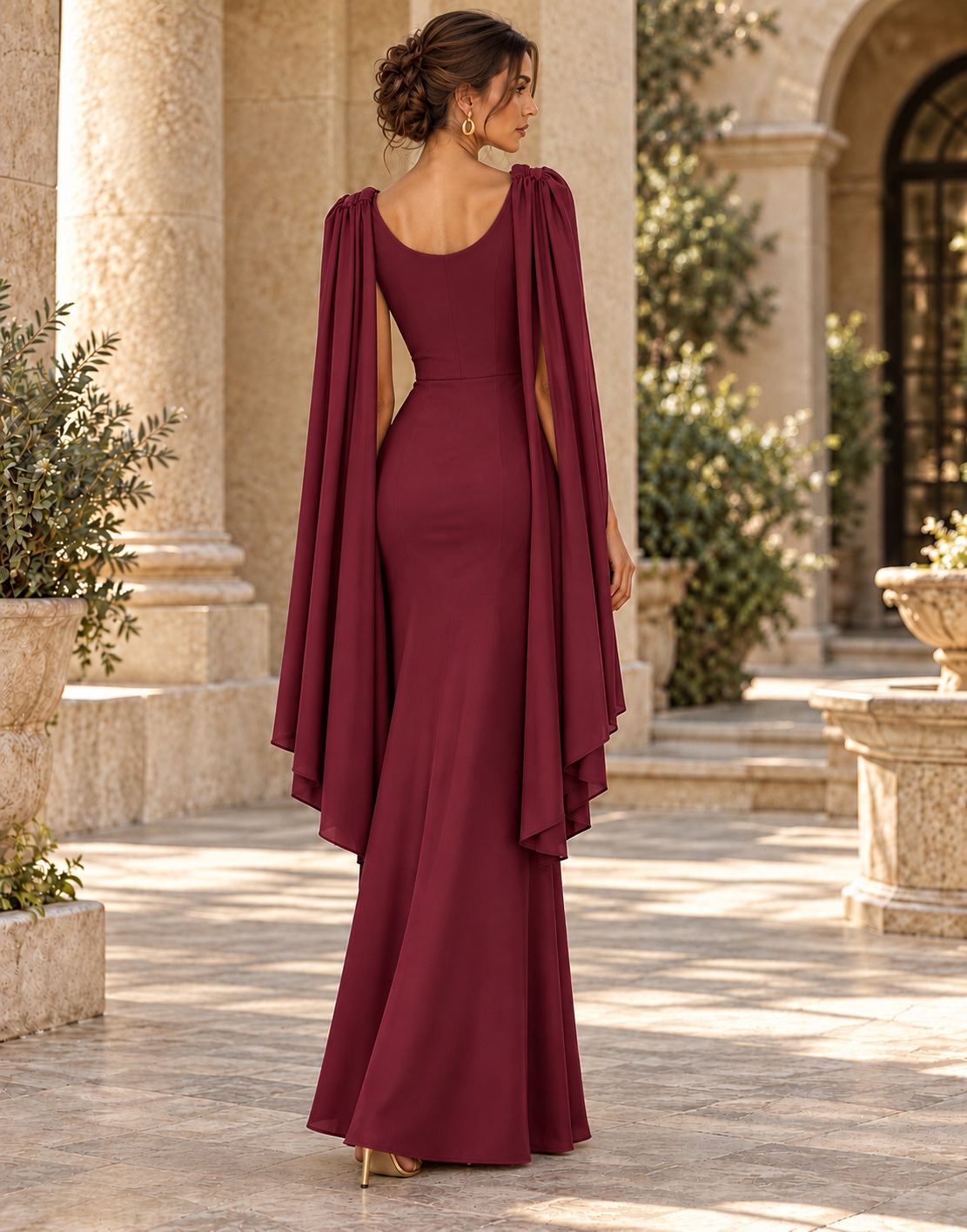 Wine Draped Cape Gown
