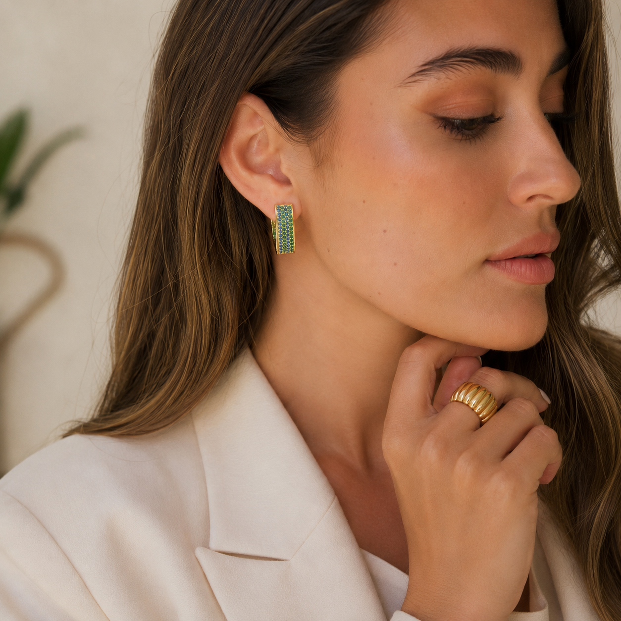 Asymmetrical Geometric Hoop Green/Blue Earrings For Women In Copper With 14K Gold Plated Finish
