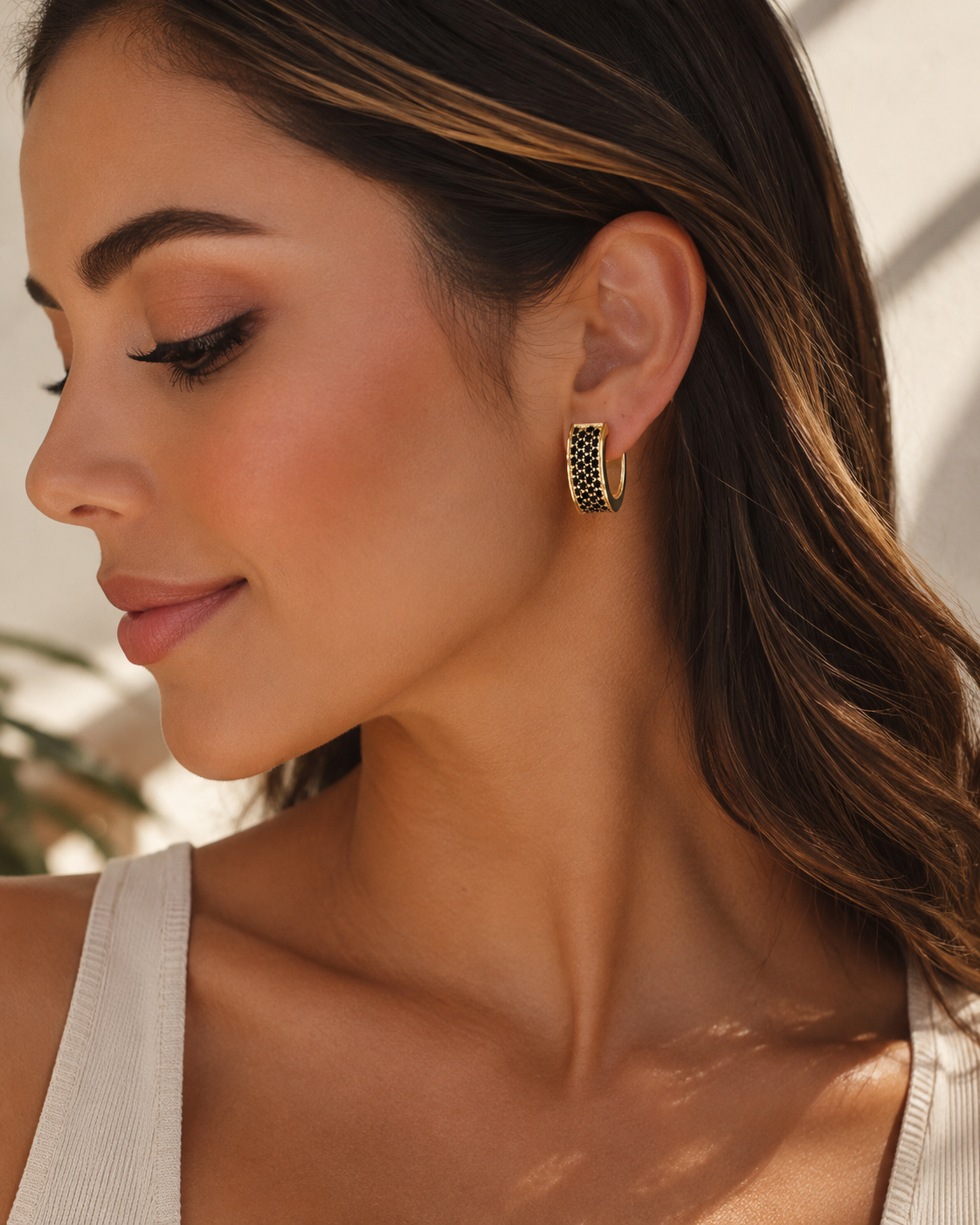 U Shape Hoop Black Stone Earrings For Women With Claw Setting, Plated Water Plating
