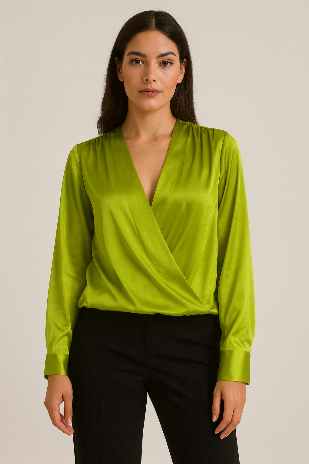 Long Sleeves v neck Satin Top Green