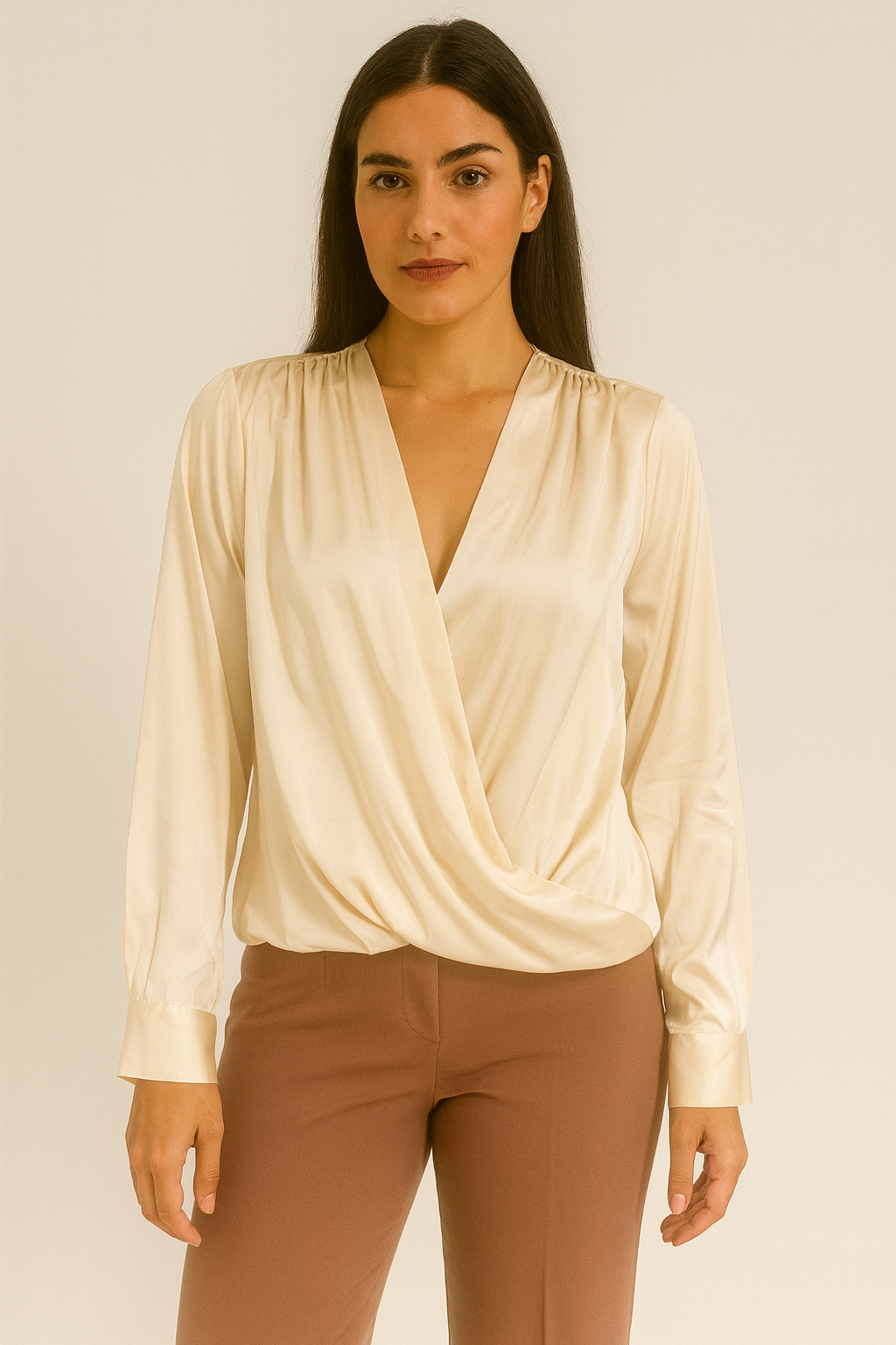 Long Sleeves V Neck Satin Top Ivory