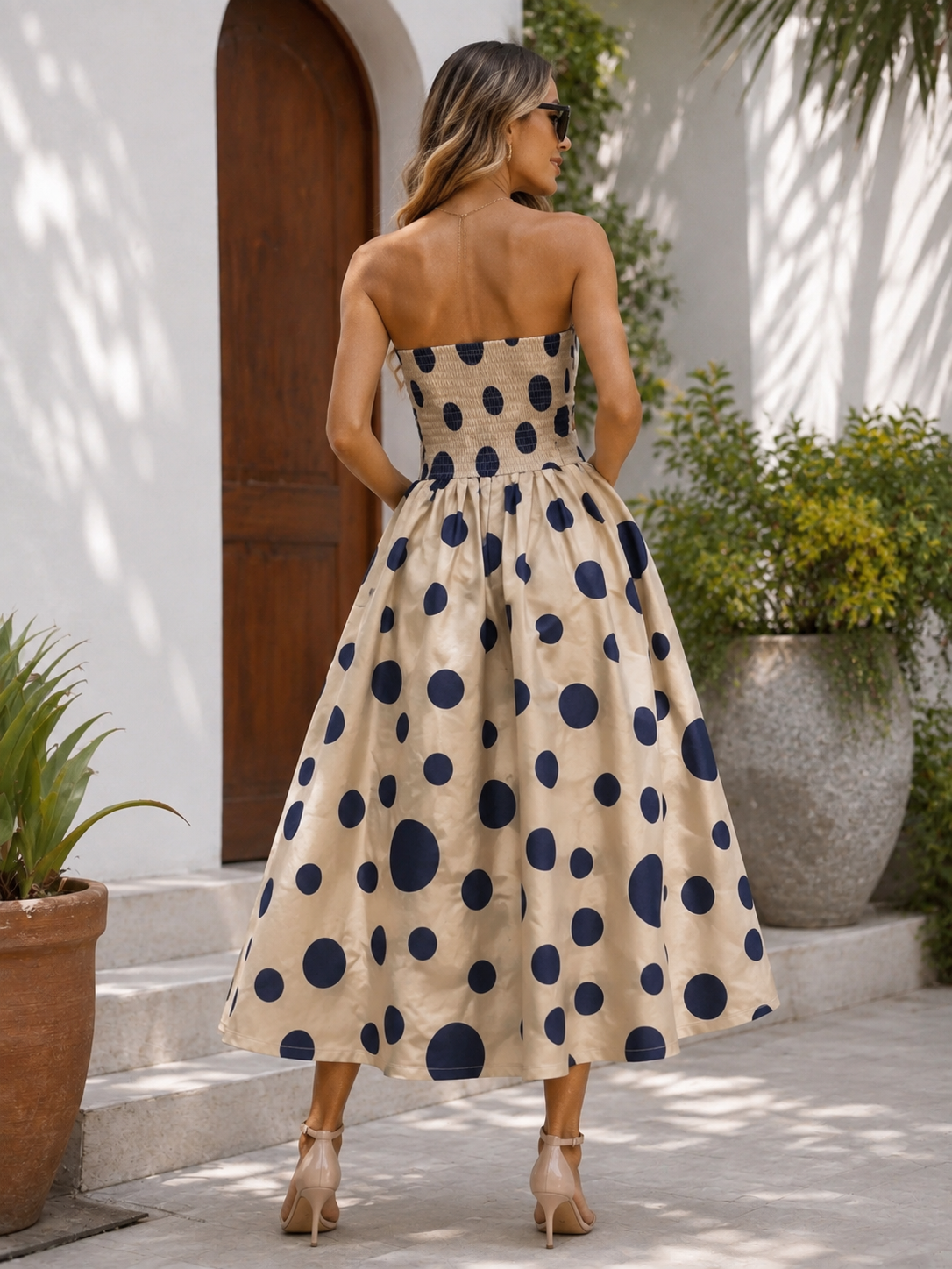 Polka Dot Beige and Navy Dress