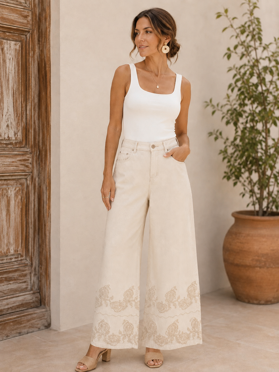 Italian Embroidered Wide-Leg Pants